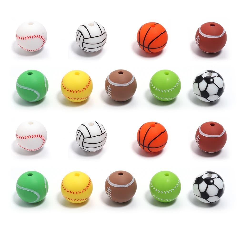5/10 pz Perline di Silicone Stampate Rotonde 15mm Calcio Baseball Tennis Perline Sparse per il Braccialetto FAI DA TE Portachiavi Decorazione Accessori