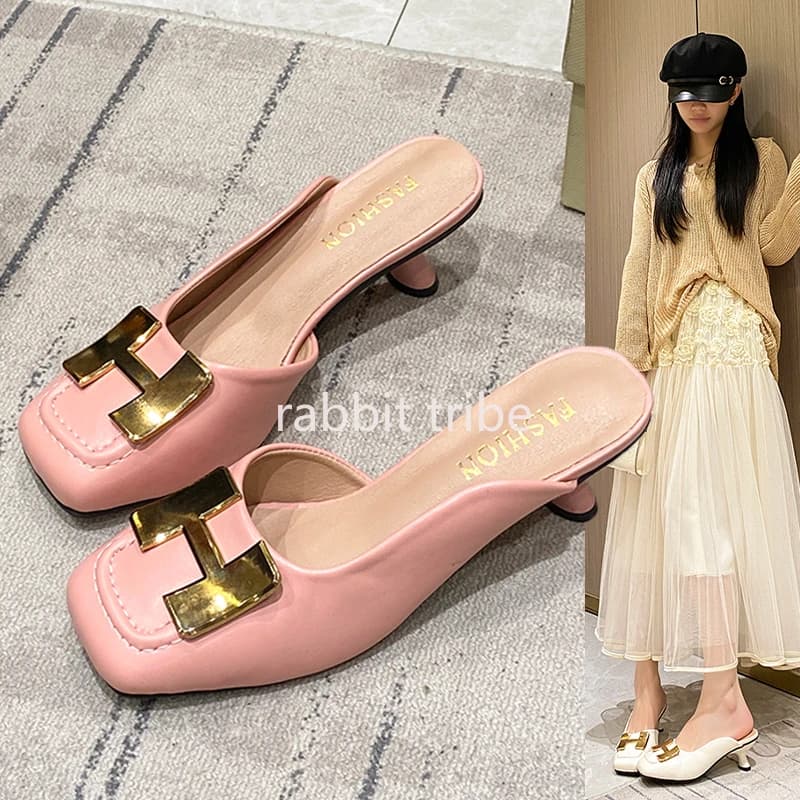 New Luxury Women's Sandals with Low Heel 2026, Women's Sandals with Metallic Decorations, Women's Slippers with Square Toe