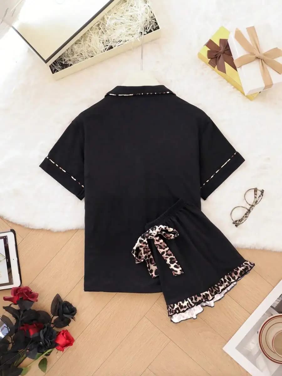 Women Leopard Print Contrast Color Short Sleeve Pajama Set With Lapel Button Top And Shorts