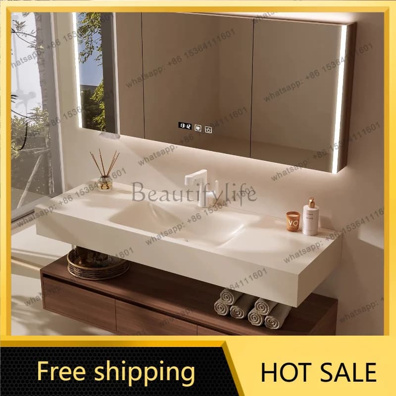 YJ Luxury Bathroom Vanity with Curved Sintered Stone Integrated Sink Walnut Wood Cabinet Combo with LED Smart Mirror furniture
