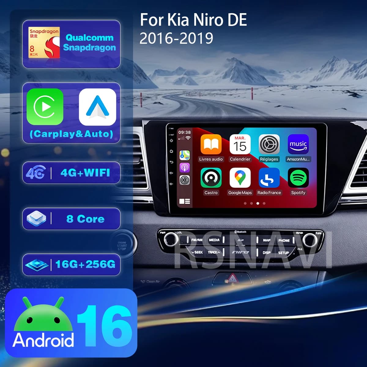 Android 16 For Kia Niro DE 2016 - 2019 Carplay Auto Qualcomm 2K Screen WiFi+4G Car Radio Player Navigation Multimedia Stereo