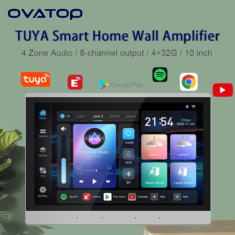 Touch screen da 10 pollici per casa intelligente Audio a 4 zone nell'amplificatore da parete Pannello di controllo TUYA Sistema Android 11 Lettore audio Bluetooth WIFI