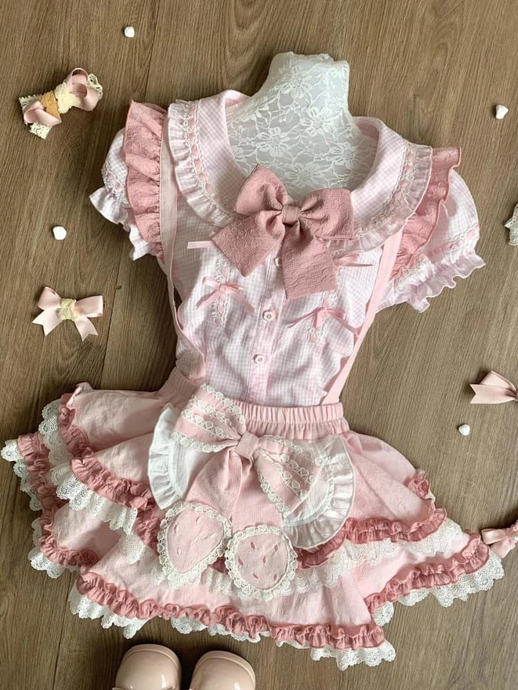 Rosa giapponese Kawaii Lolita elegante set da 2 pezzi donna Y2k dolce fiocco design minigonna abito femminile chic coreano vestiti popolari