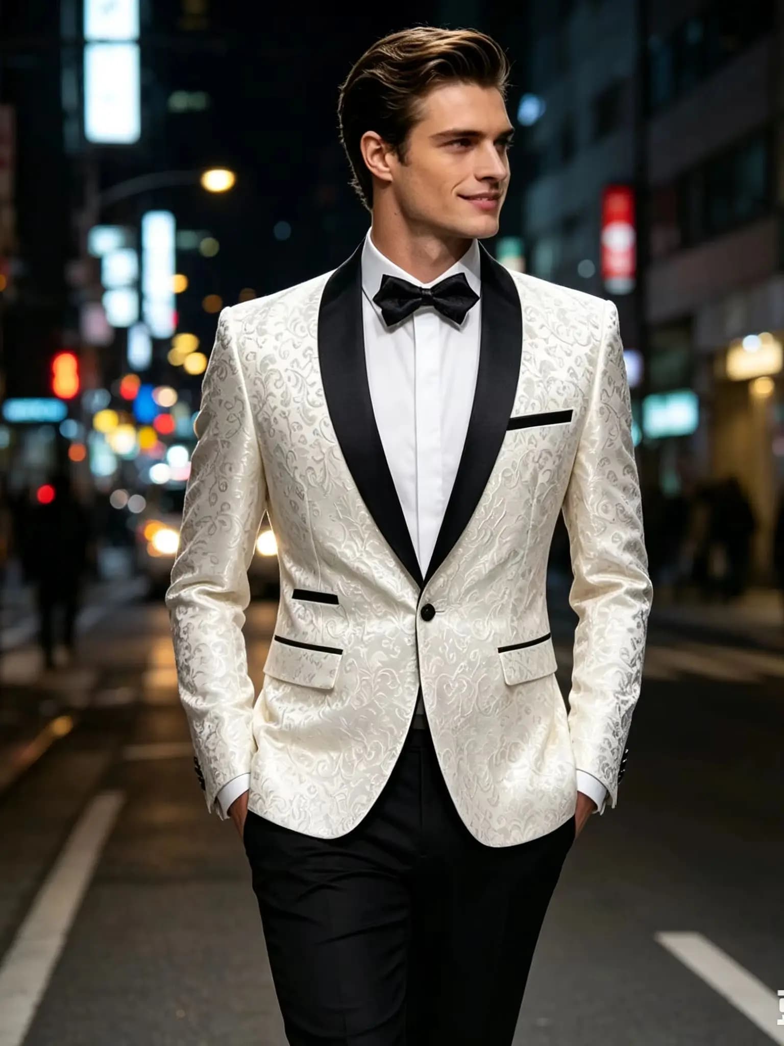 Fashion White Jacquard Jacket for Men Single Breasted Shaw Lapel Slim Fit Suit Blazer for Prom Party Wedding Business One Coat
