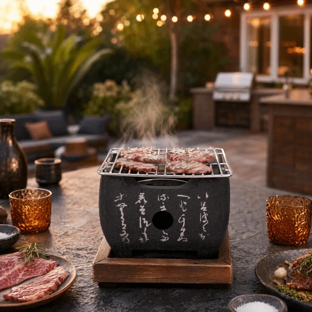 Cast Metal Japanese Charcoal Grill Non Stick Black Hibachi Grill Wooden Tray Fast Heating Tabletop BBQ Stove Indoor Grilling