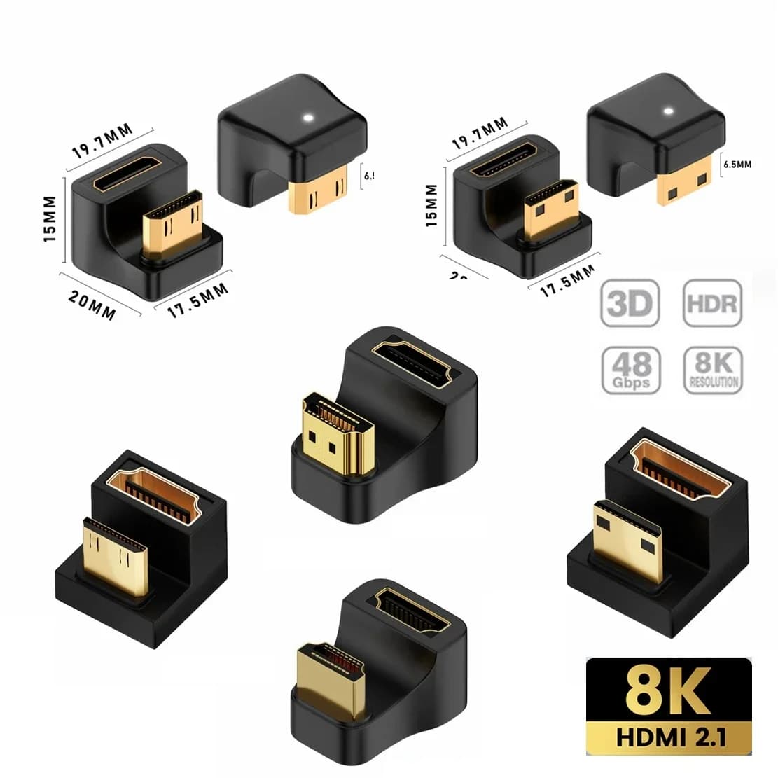Convertitore L a forma di U angolato da 360 gradi Mini HDMI maschio a HDMI compatibile con estensione femmina 2.1V Adattatore 4K 5K UHD 8K60Hz