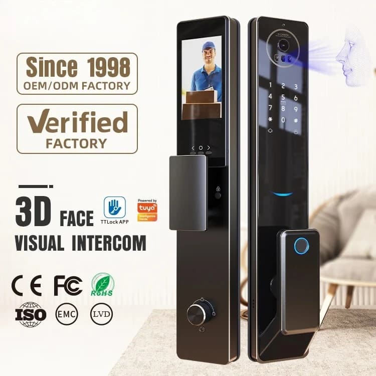 3D Face Recognition Digital Keypad Fingerprint Biometric Automatic Exterior Smart Door Lock With Camera