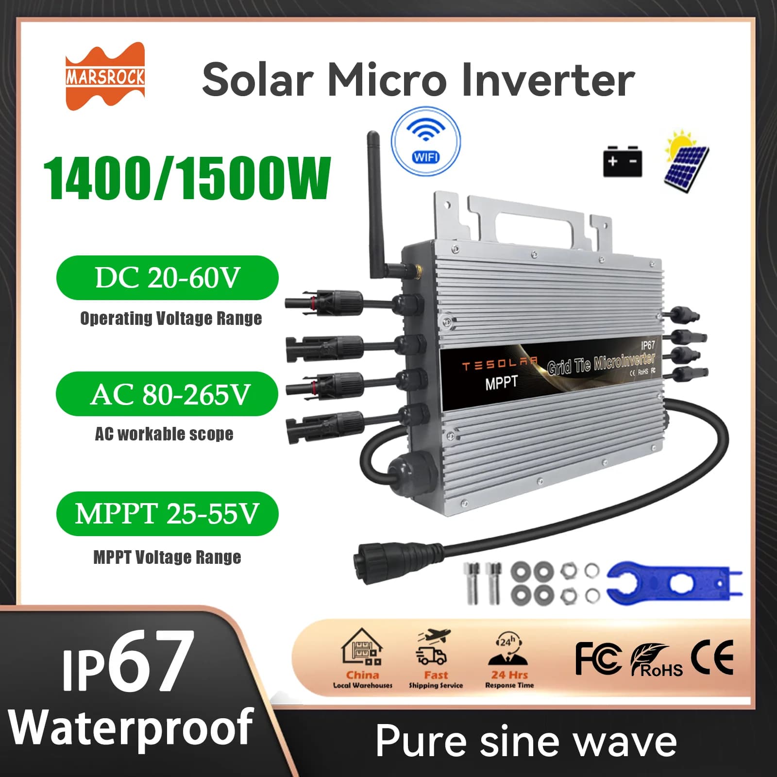 Inverter Solare Micro On-Grid MPPT 700W 1500W DC20-60V AC 80-265V con WIFI Integrato IP67 per 4 Pannelli da 400W