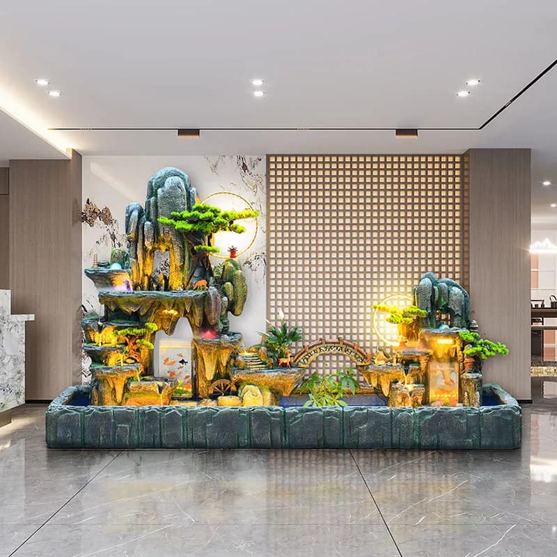 Rockerio in the outside courtyard, landscape with running water, wall ornament for water curtains, garden balcony, ornament for fountain, circulation