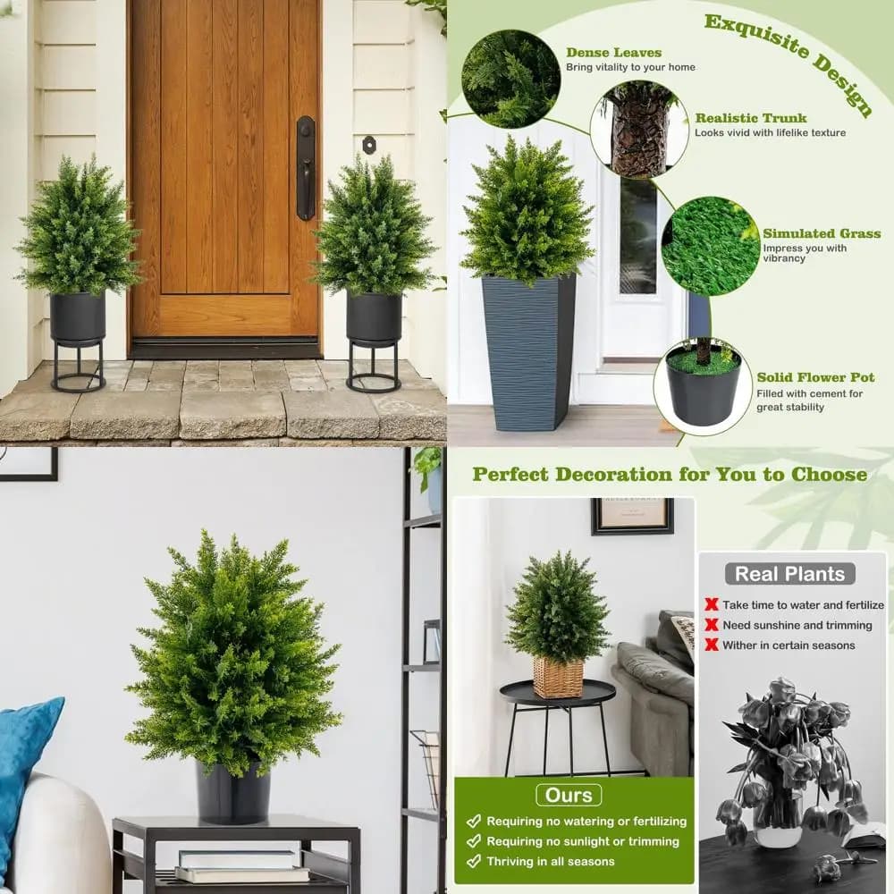 Pair of 21.5 Inch Artificial Topiar Trees with Cement Vases - Evergreen Decorative Plants for Interior/External