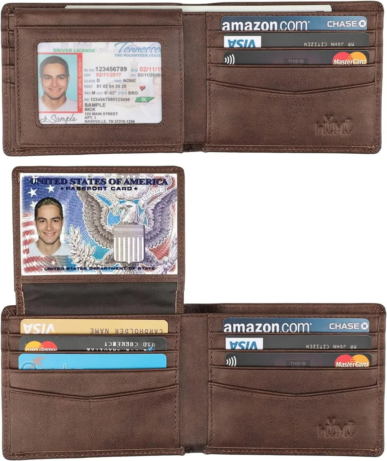 Portafoglio Bifold in Vera Pelle per Uomo, Blocco RFID, 2 Finestre per Documenti, Elegante
