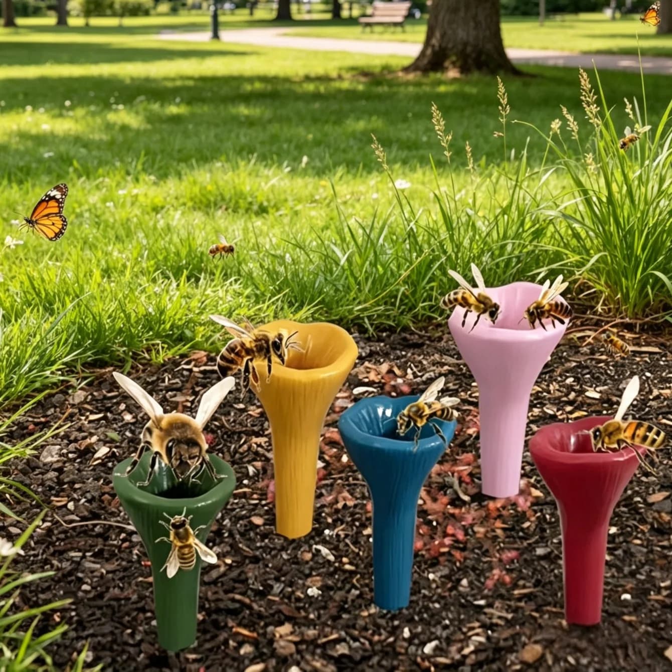 Fontanella per api a forma di fiore in resina, abbeveratoio per insetti con supporto per coppa, forniture per apicoltura e giardinaggio