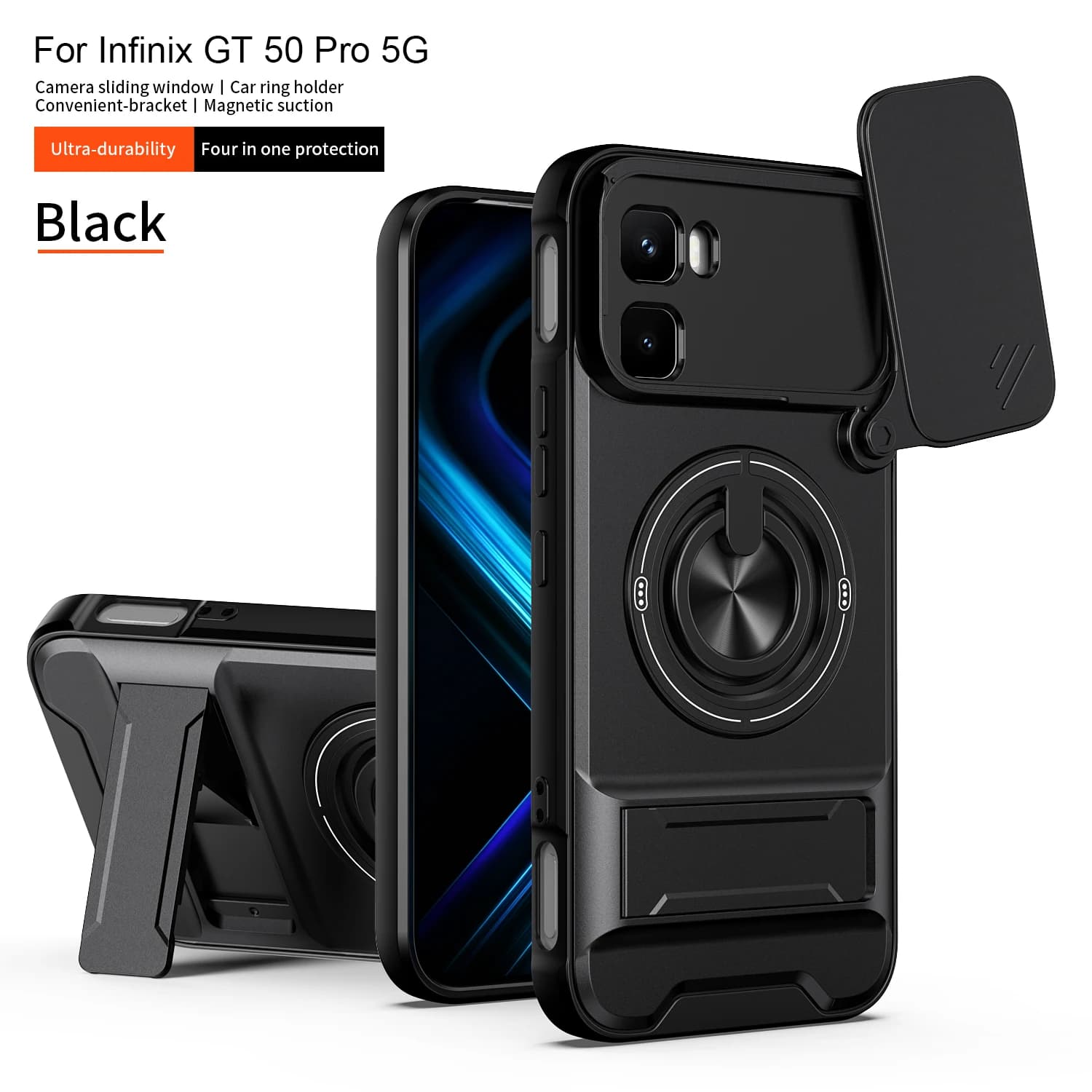 Armor Shockproof Phone Case For Infinix GT 50 Pro 5G Sliding Camera Cap Built-in Magnet Ring Kickstand Protective Funda
