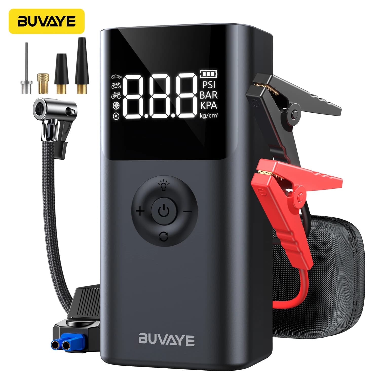BUVAYE 4 in 1 2500A Avviamento per auto PowerBank 150PSI Pompa ad aria 12V Booster batteria per motori diesel 8.0L a benzina e 6.0L
