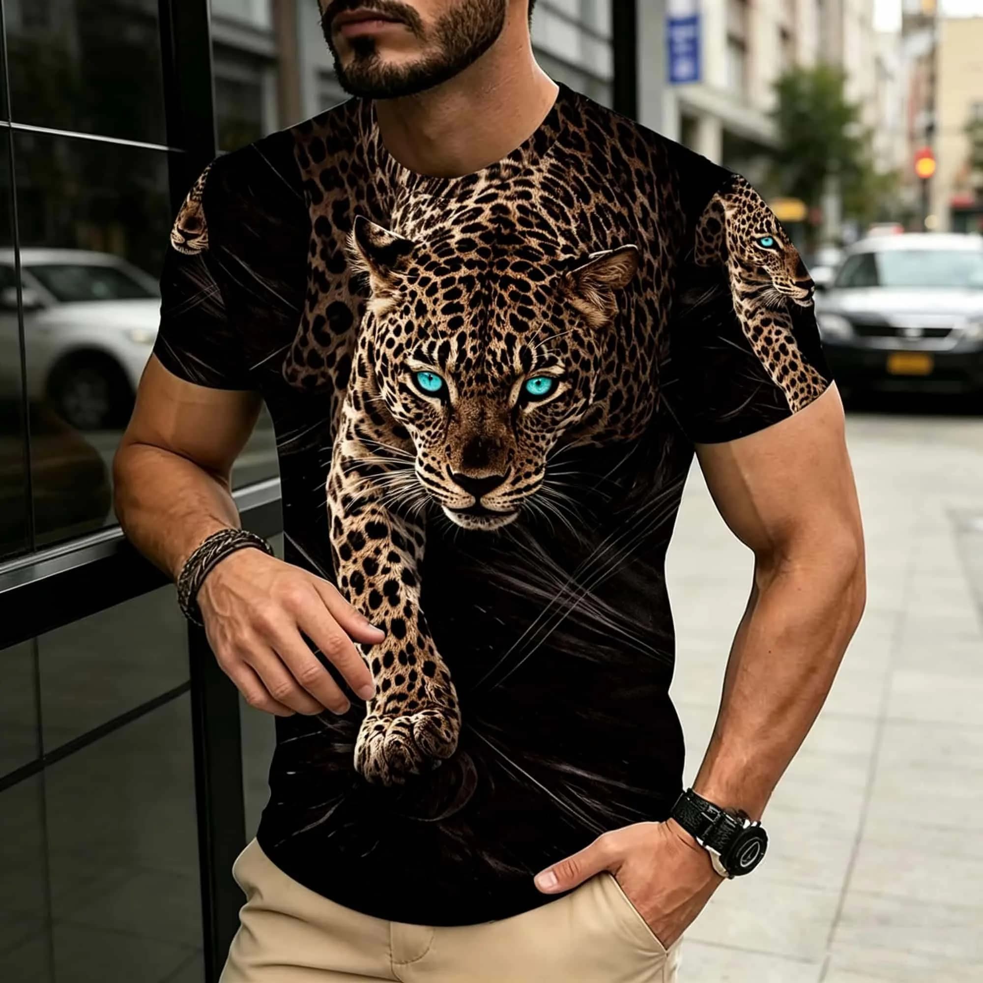 2026 Summer New Men's 3D Leopard Print T-Shirt Loose Crew Neck Casual Fitness Wear Short-sleeve