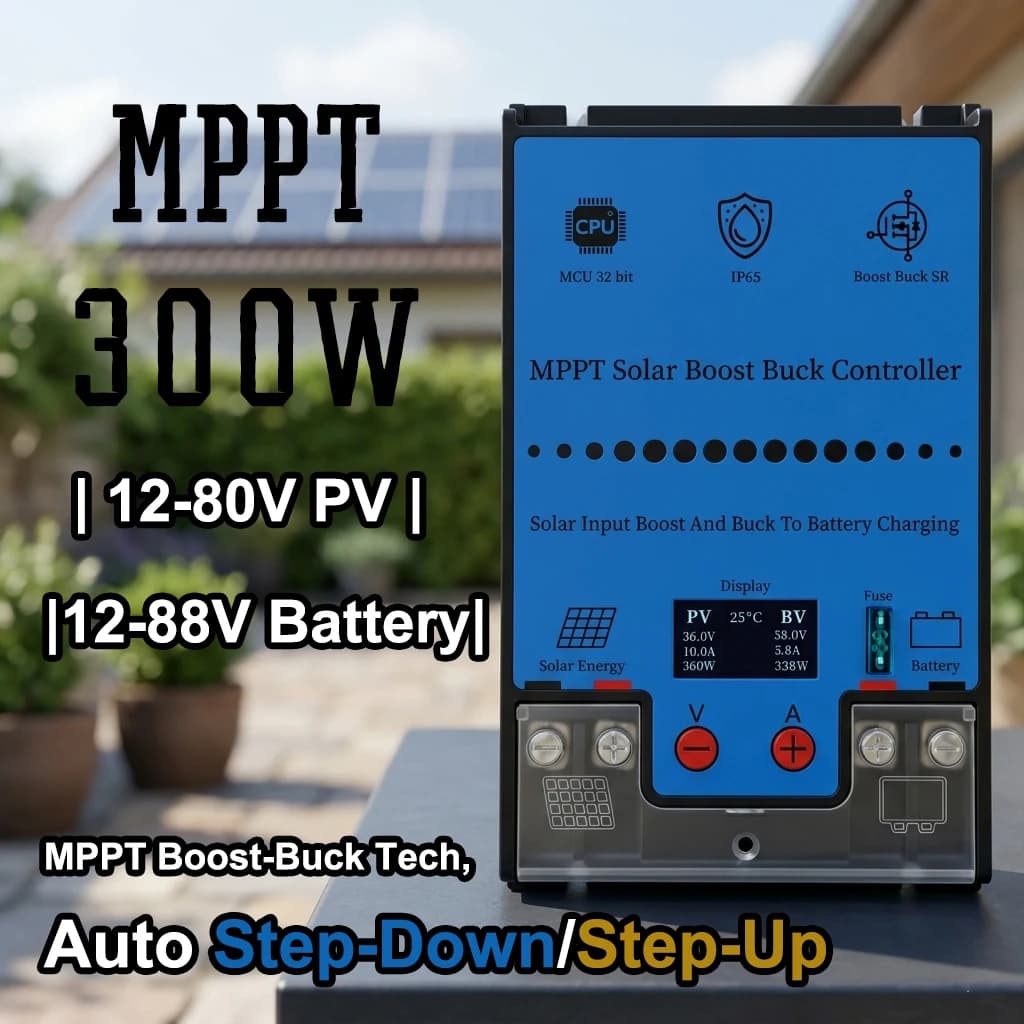 Regolatore Solare MPPT Buck Boost 10A 300W, Ingresso 12V-80V, Uscita 12V-88V, Tracciamento 98%, per Batterie al Piombo-Acido/LiFePO4/Litio