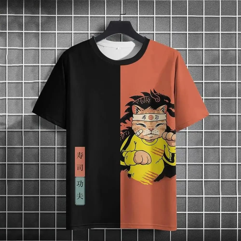 Men Women Ukiyo‑e Cat Graphic T‑Shirt Japanese Food Theme O‑Neck Short Sleeve Casual Street Summer Tops