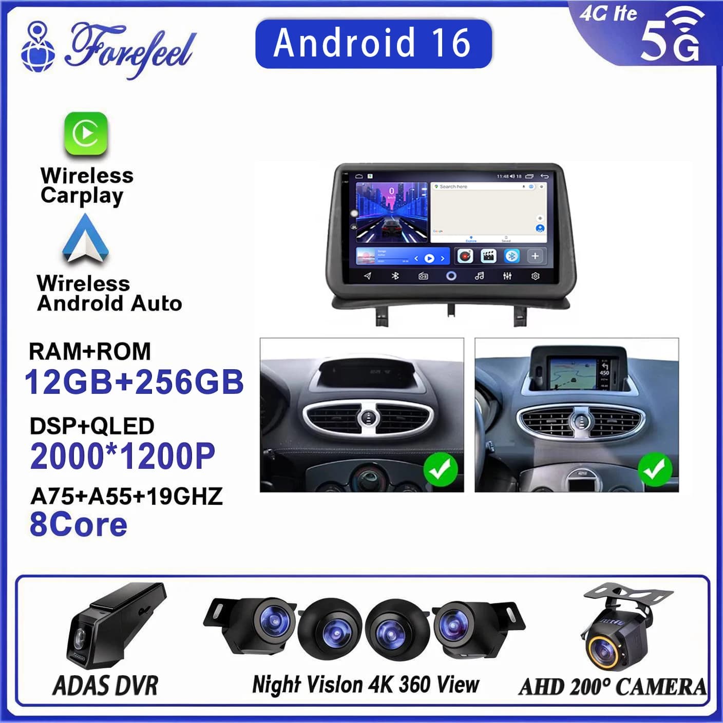 Autoradio Android 16 2K per Renault Clio 3 2005-2014, Navigatore GPS, Lettore Multimediale, Schermo Touch, Unità di Controllo con Telecamera