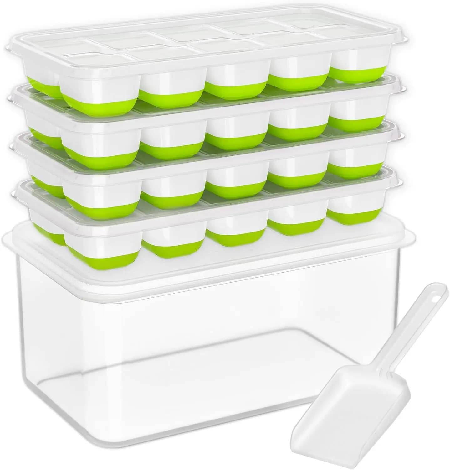 Set di 4 Stampi per Cubetti di Ghiaccio in Silicone con Coperchio e Contenitore, Organizzatore Impilabile per Freezer, per Cucina e Cocktail