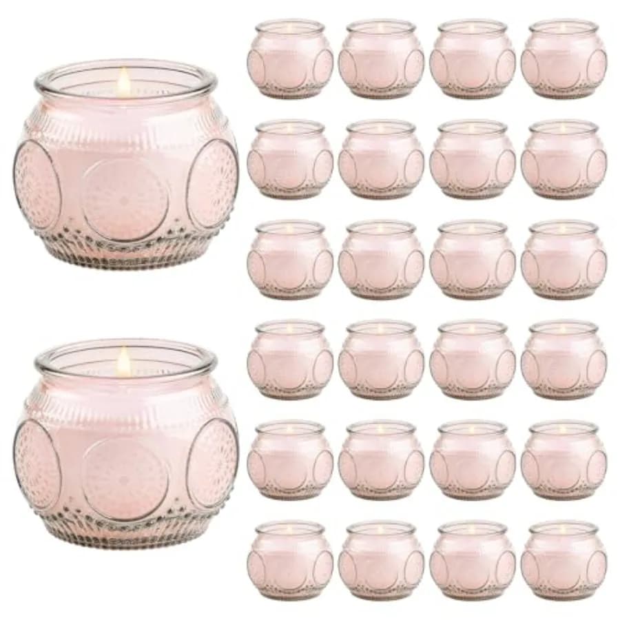 Set di 24 Mini Candele di Soia da 4 Oz, Profumate alla Rosa in Rosa Vintage per Casa, Regali, Bomboniere, Spa e Relax