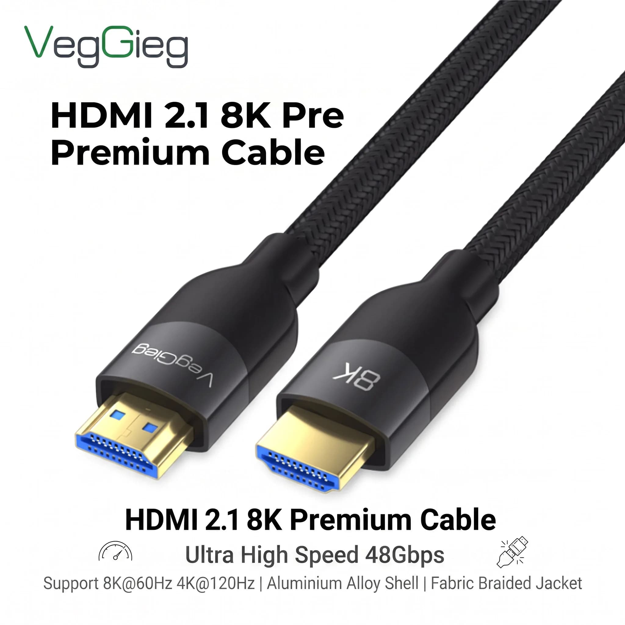 VegGieg Braided HDMI 2.1 Cable Male to Male 8K@60Hz 4K@144Hz HDR Dolby Atmos for PS5 Xbox - High-Speed Cord