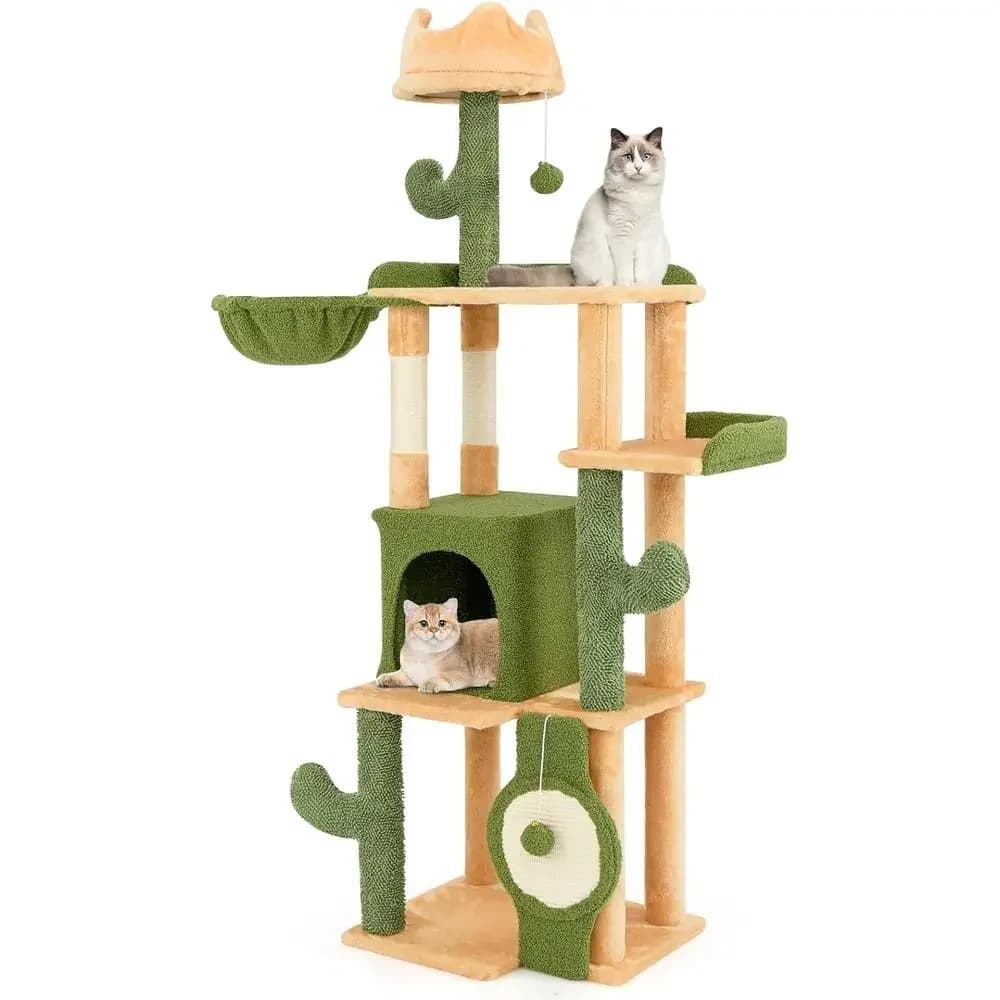 63 Green Multi-Level Cat Tower with Sisal Posts, Perch, Toys, and Bed