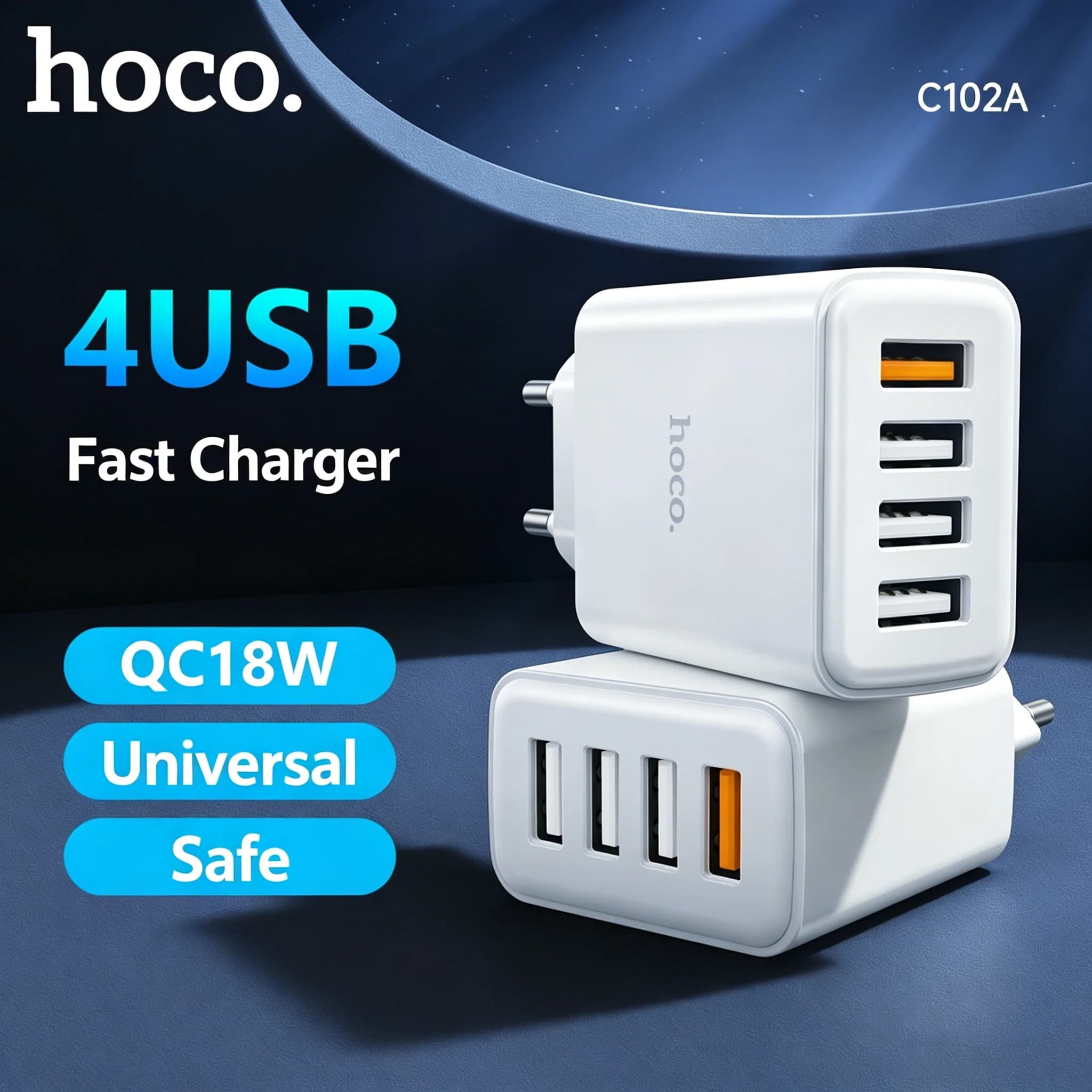 Caricatore da viaggio HOCO con spina europea a 4 porte USB, ricarica rapida QC3.0 18W USB A, adattatore da parete per cellulari iPhone, Samsung, Xiaomi