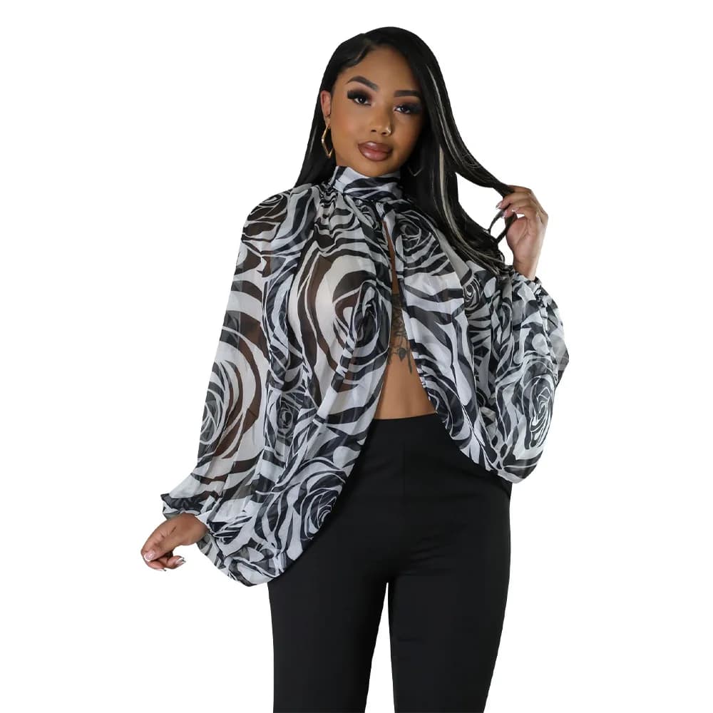 Womens Chiffon Blouse Sexy See Through Lantern Sleeve Front Back Open High Neck Self Tie Shawl Casual Shirts Blouses Tops