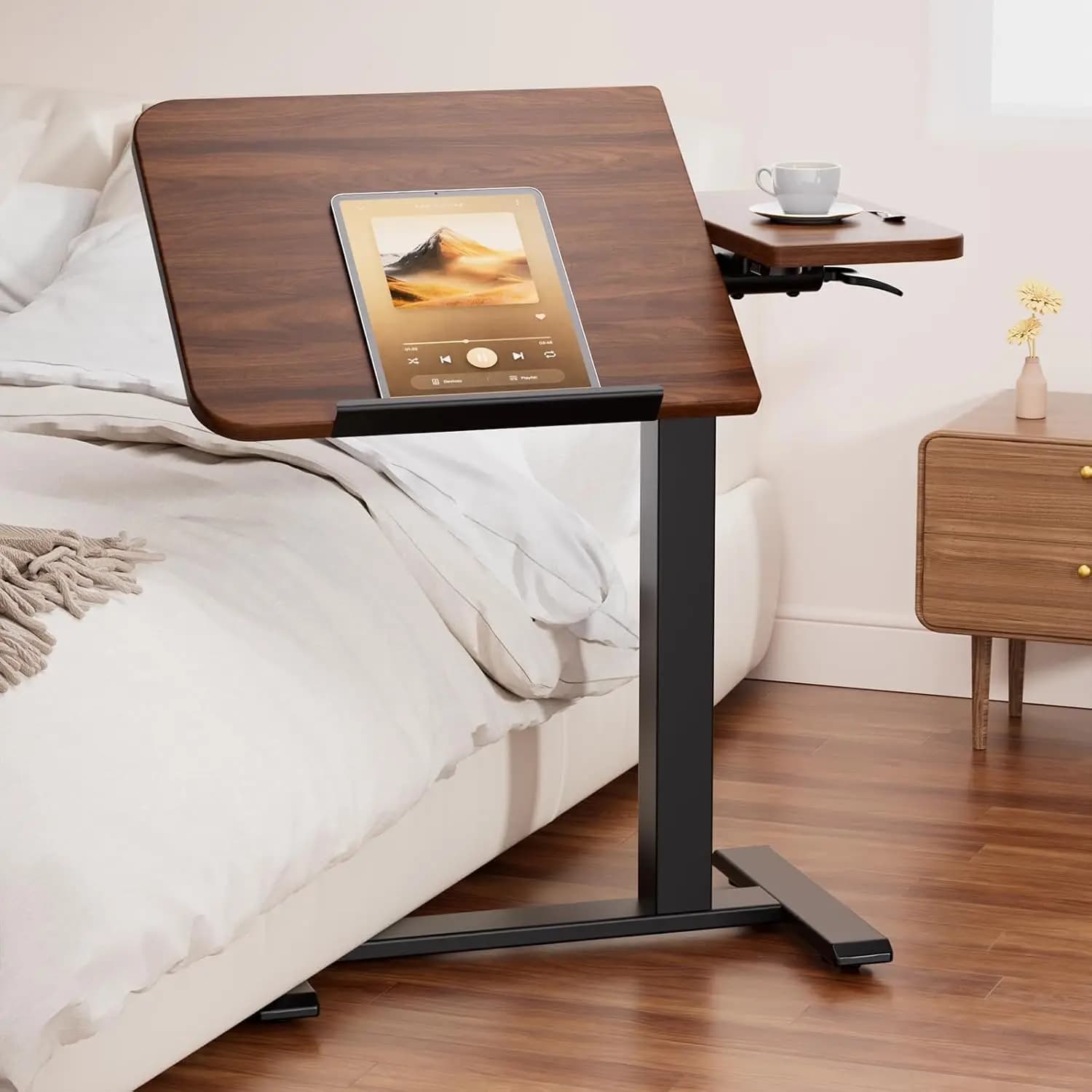 Adjustable Height Mobile Standing Desk, Pneumatic Overbed Bedside Table with Wheels, Sit Stand Rolling Laptop Desk Workstation