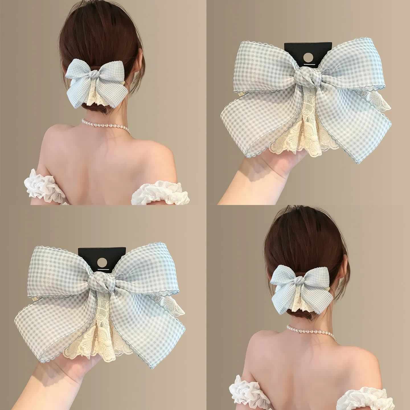 1 Pezzo Fermaglio per Capelli a Fiocco Blu a Quadretti Stile Coreano con Bordo in Pizzo e Artiglio a Molla per Mezze Acconciature, Accessori Dolci per Capelli da Donna