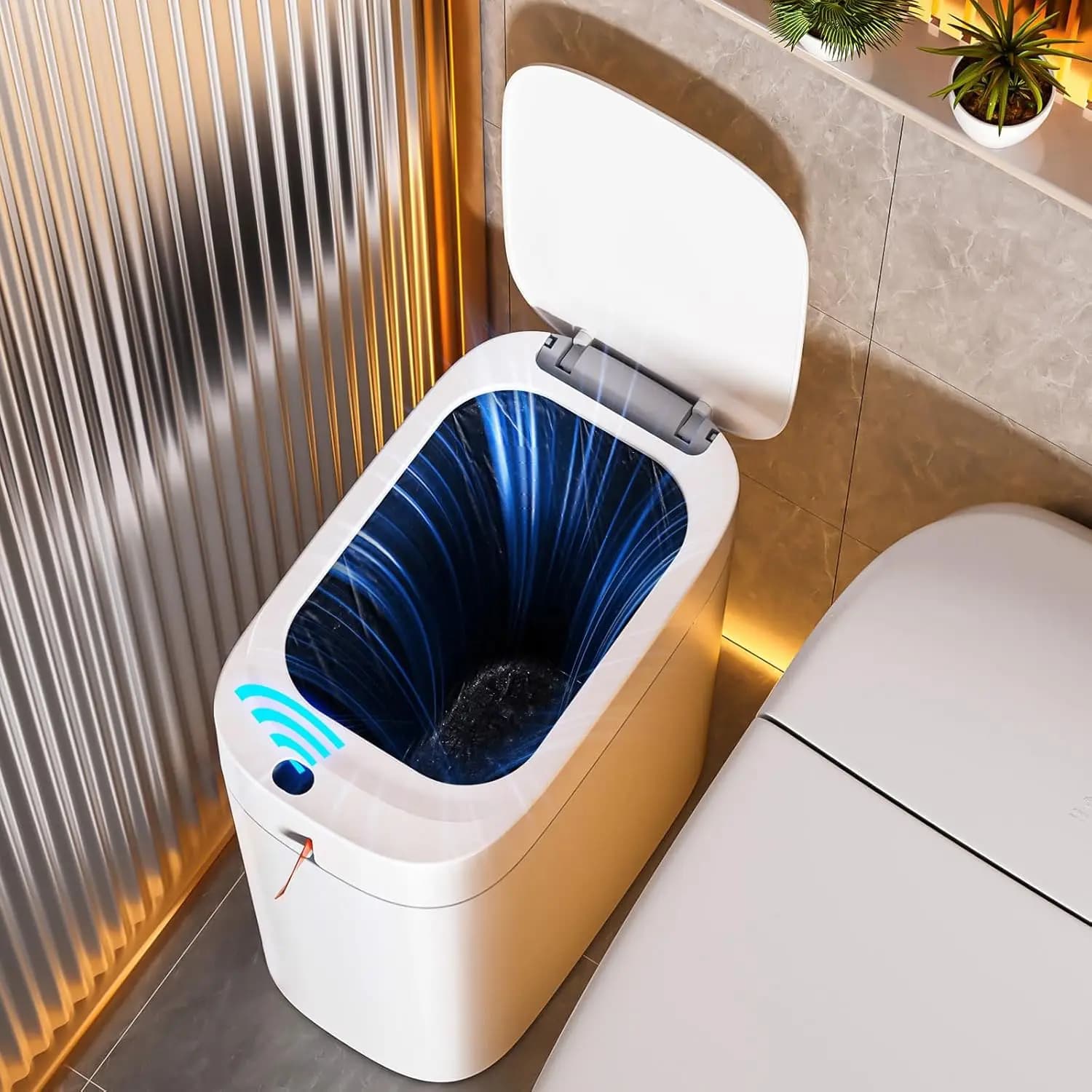 Cestino per bagno con coperchio, cestino con sensore di movimento automatico, contenitore per rifiuti da 3,5 galloni, ricaricabile tramite USB-C, design con supporto per sacchetti.