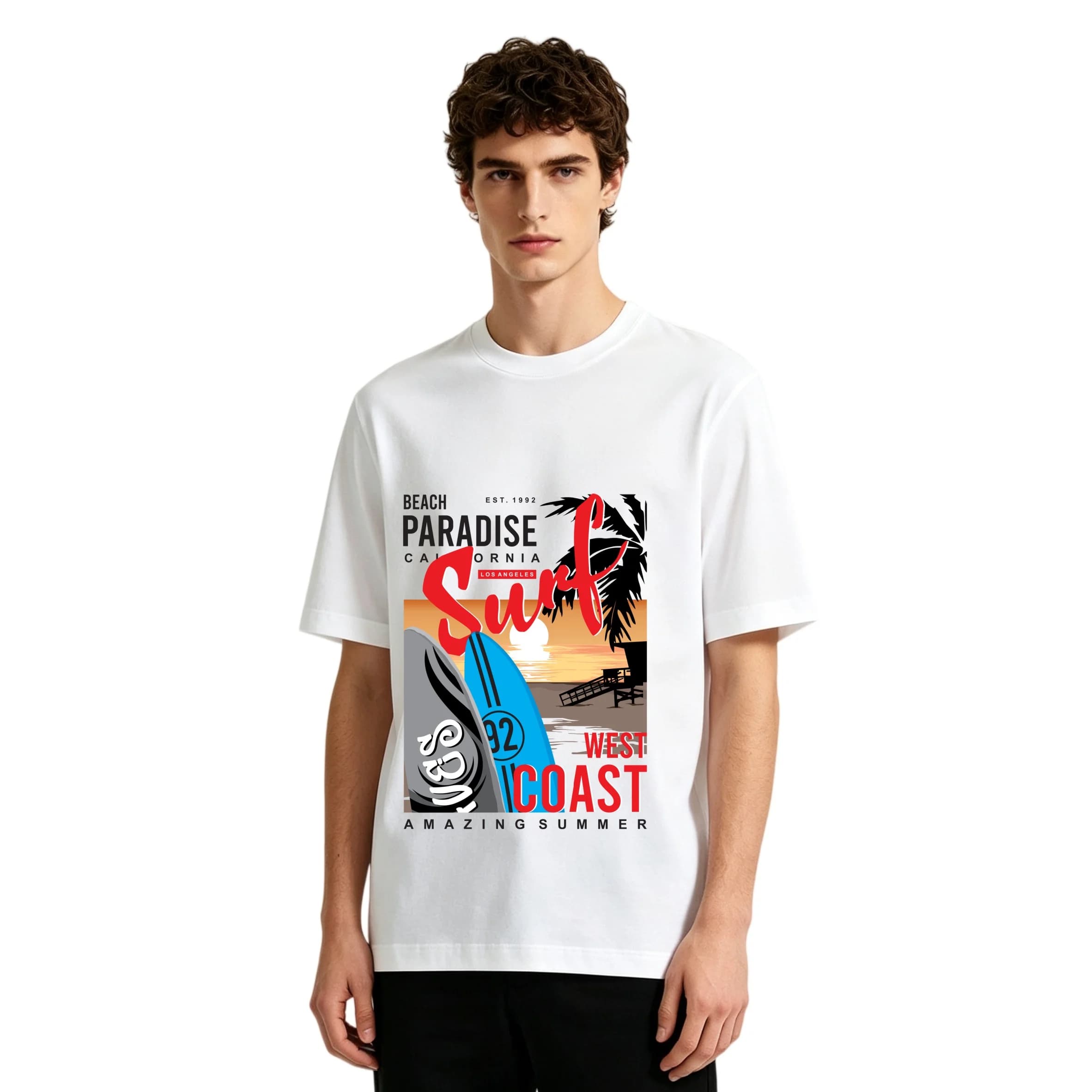 Men's White Beach Paradise Surf West Coast Print T Shirt Casual Short Sleeve Cotton Streetwear Hip Hop Style Tee