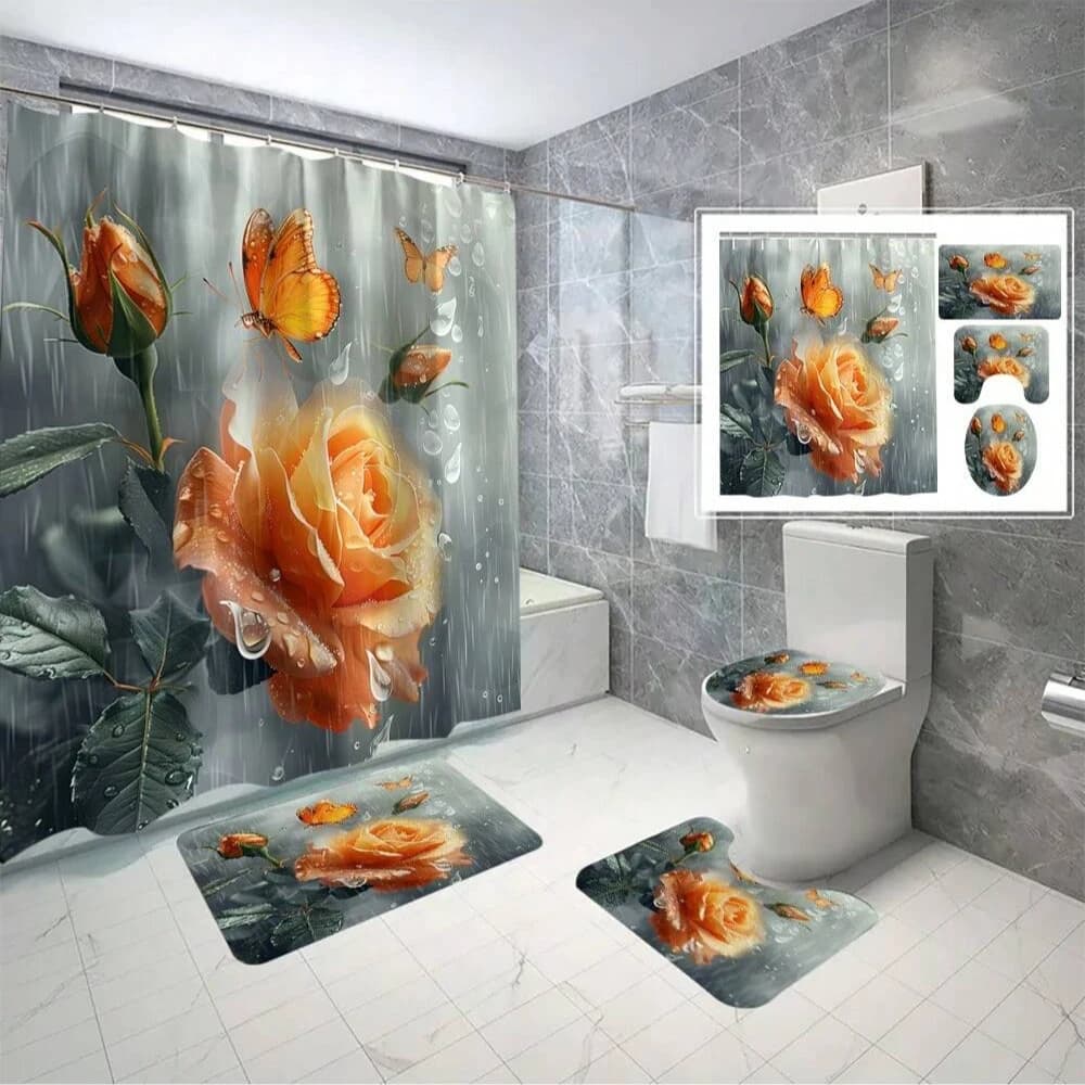 Set di tende da doccia serie di scenari floreali e vegetali, copriwater, tappetino a forma di U, tenda per finestra per vasca da bagno, accessori per il bagno