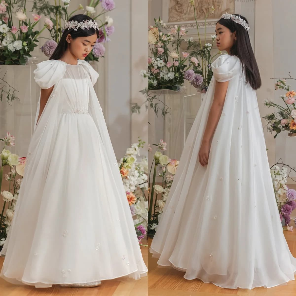 Abiti vintage da damigella d'onore per matrimonio, abiti da principessa personalizzati con fiori e perline, abiti lunghi da prima comunione per bambina