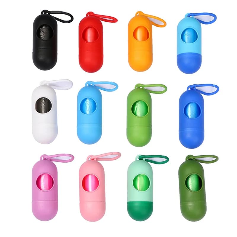 Dispenser portatile per sacchetti per rifiuti per animali domestici a forma di pillola scatola per immondizia a forma di proiettile gatti cani cacca sacchetti per pulizia mineraria fuori a piedi