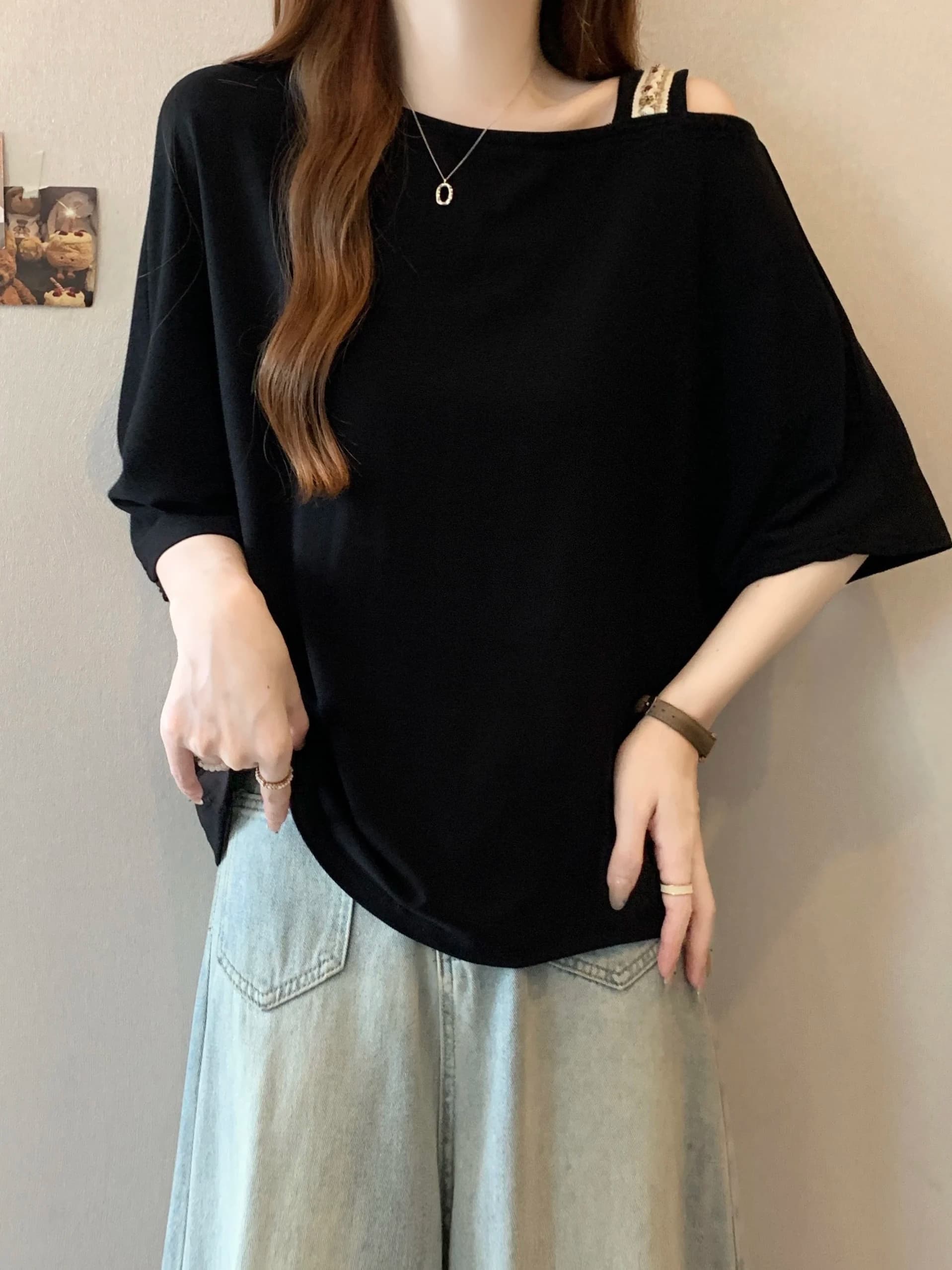 plus Size Batwing Sleeve T-Shirt Women Summer Loose Meat Covering Shoulder off Design Sweet Style Princess Fit Polyester Fiber