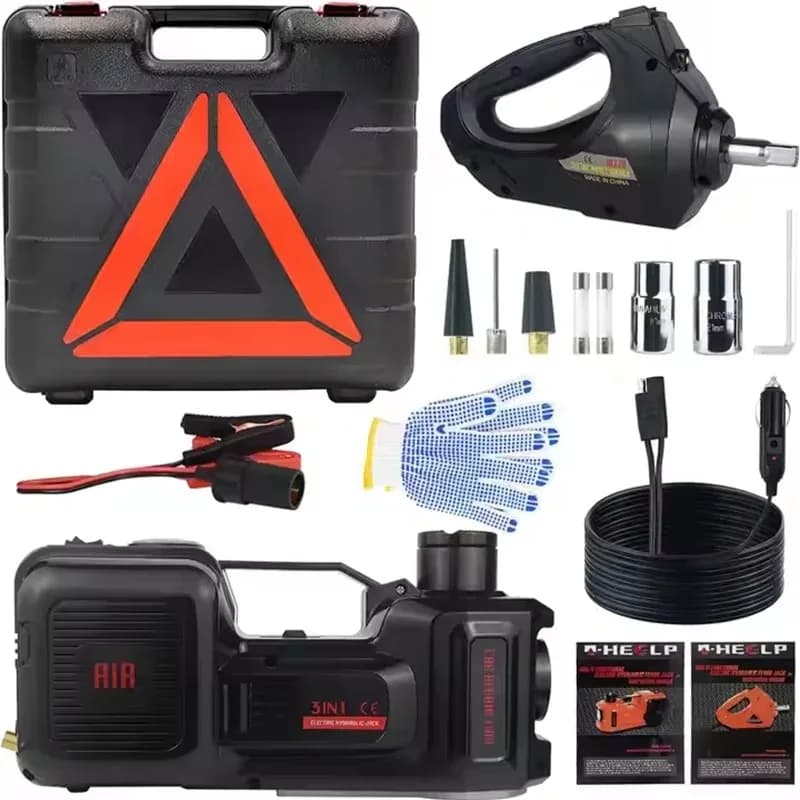 Kit cric idraulico elettrico per auto 3 in 1 Gatto elettrico 12V 5 tonnellate con avvitatore a percussione Gonfiatore per pneumatici Strumento di sollevamento per riparazione