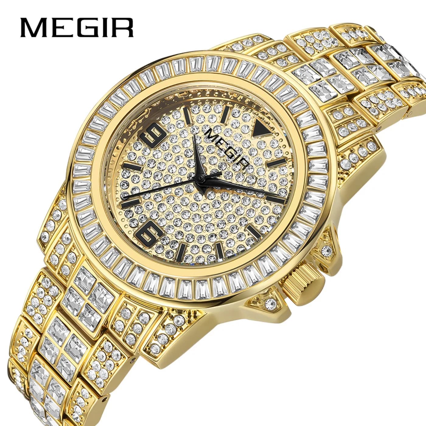 MEGIR Orologi di Lusso con Diamanti Unisex, Orologio al Quarzo Analogico alla Moda, Orologio da Polso con Cinturino in Strass per Uomo, Relogios Masculino