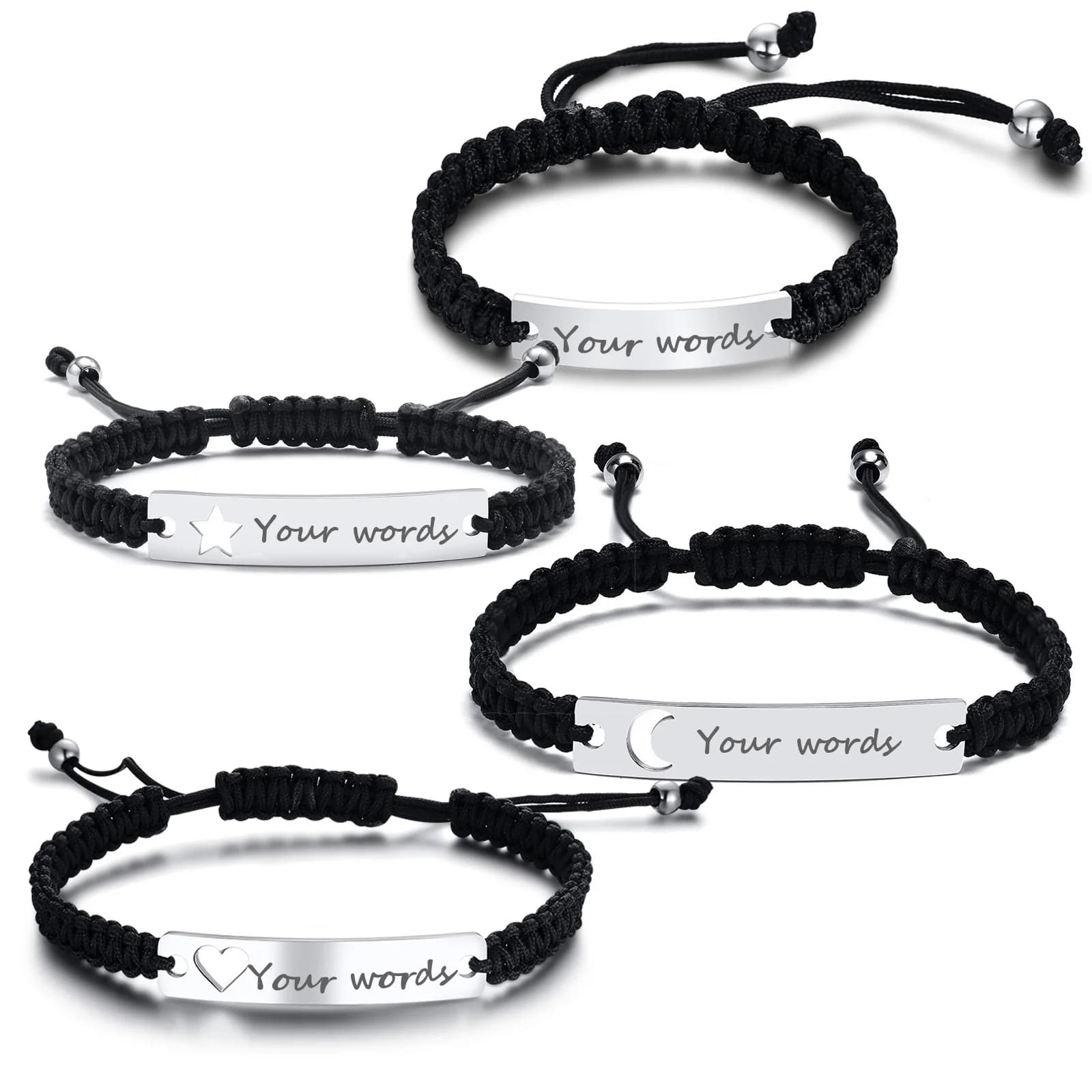 Custom Vintage Braided Rope Chain Heart Star Moon With Personalized Name Initial Quote Custom Engrave Stainless Steel Jewelry