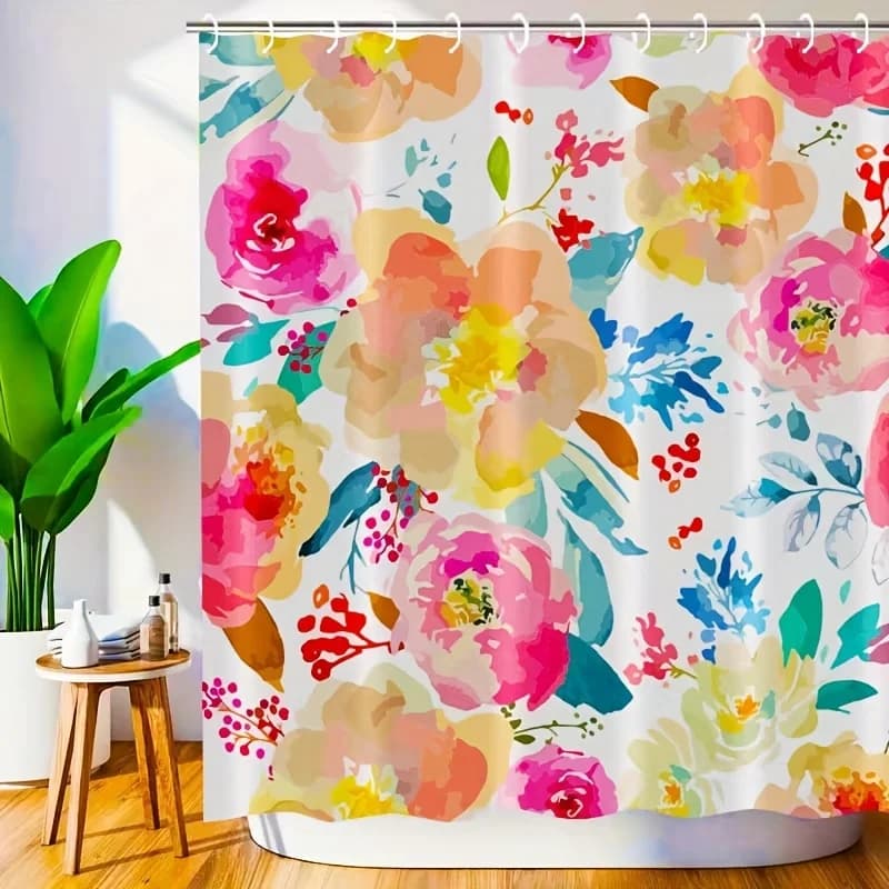 Tenda da doccia impermeabile con stampa floreale ad acquerello brillante per bagno, tenda divisoria per WC di fascia alta con design rosa colorata