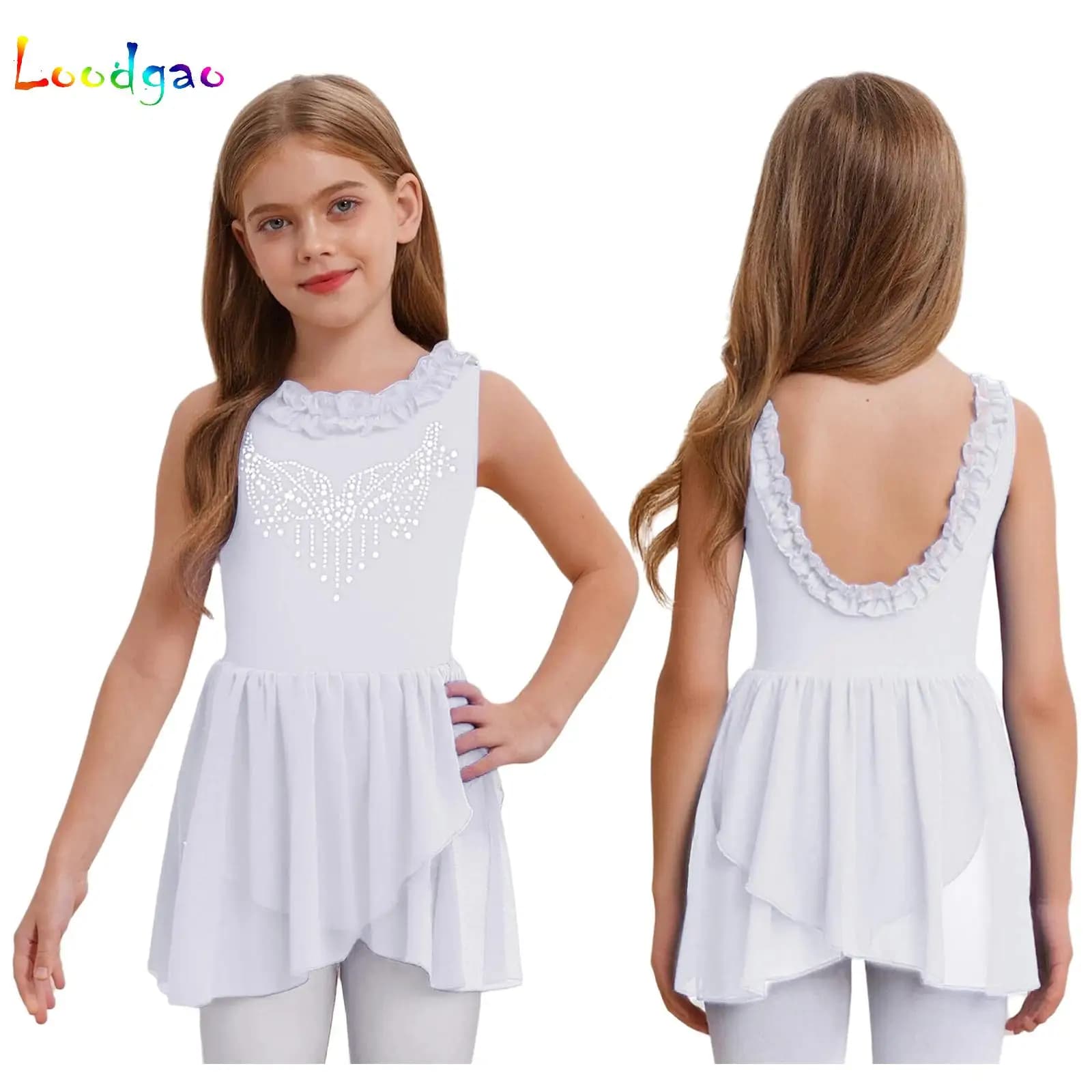 Body da ginnastica per balletto con strass scintillanti, vestito per bambina, orlo irregolare, costume da competizione per sala da ballo, pattinaggio su ghiaccio