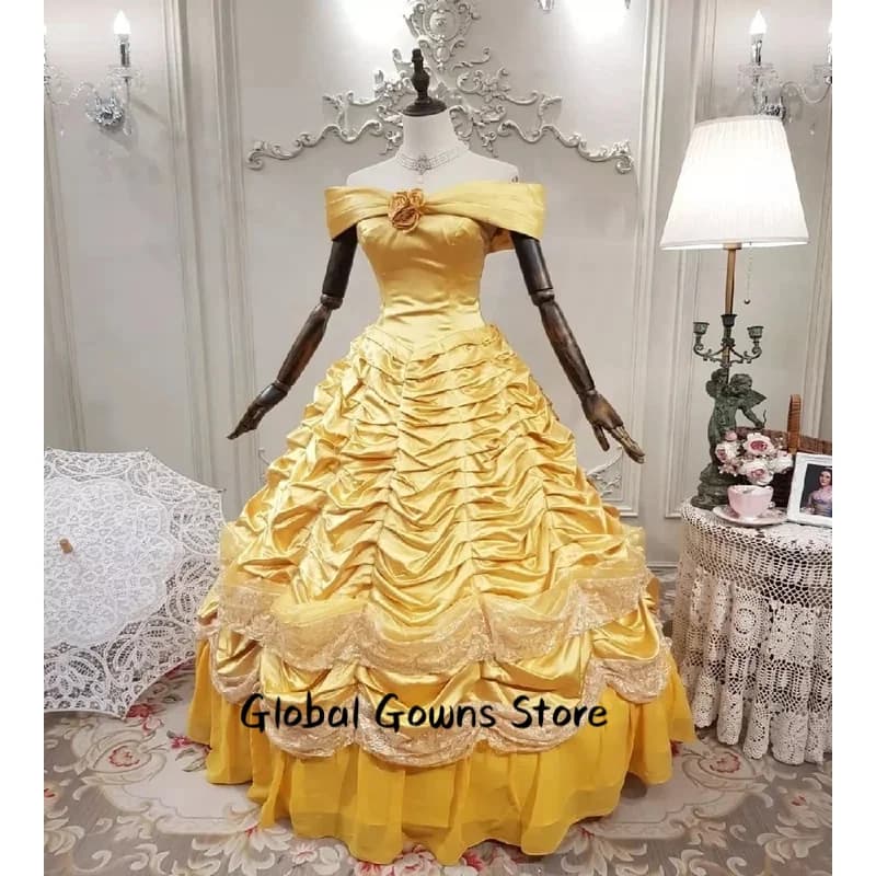 Belle Costume Gold Victorian Prom Dress Pleat Medieval Baroque Evening Dress Corset Lace Formal Cosplay Costume Party Customized