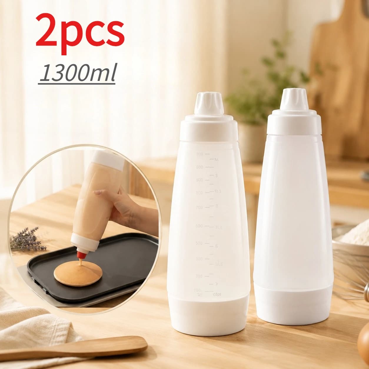 2pcs Waffles Dispenser 1300ML Batter Mixing Bottle Pancake Dispenser Mixer Pancake Batter Shaker Bottle Cake Baking Cookie Tools