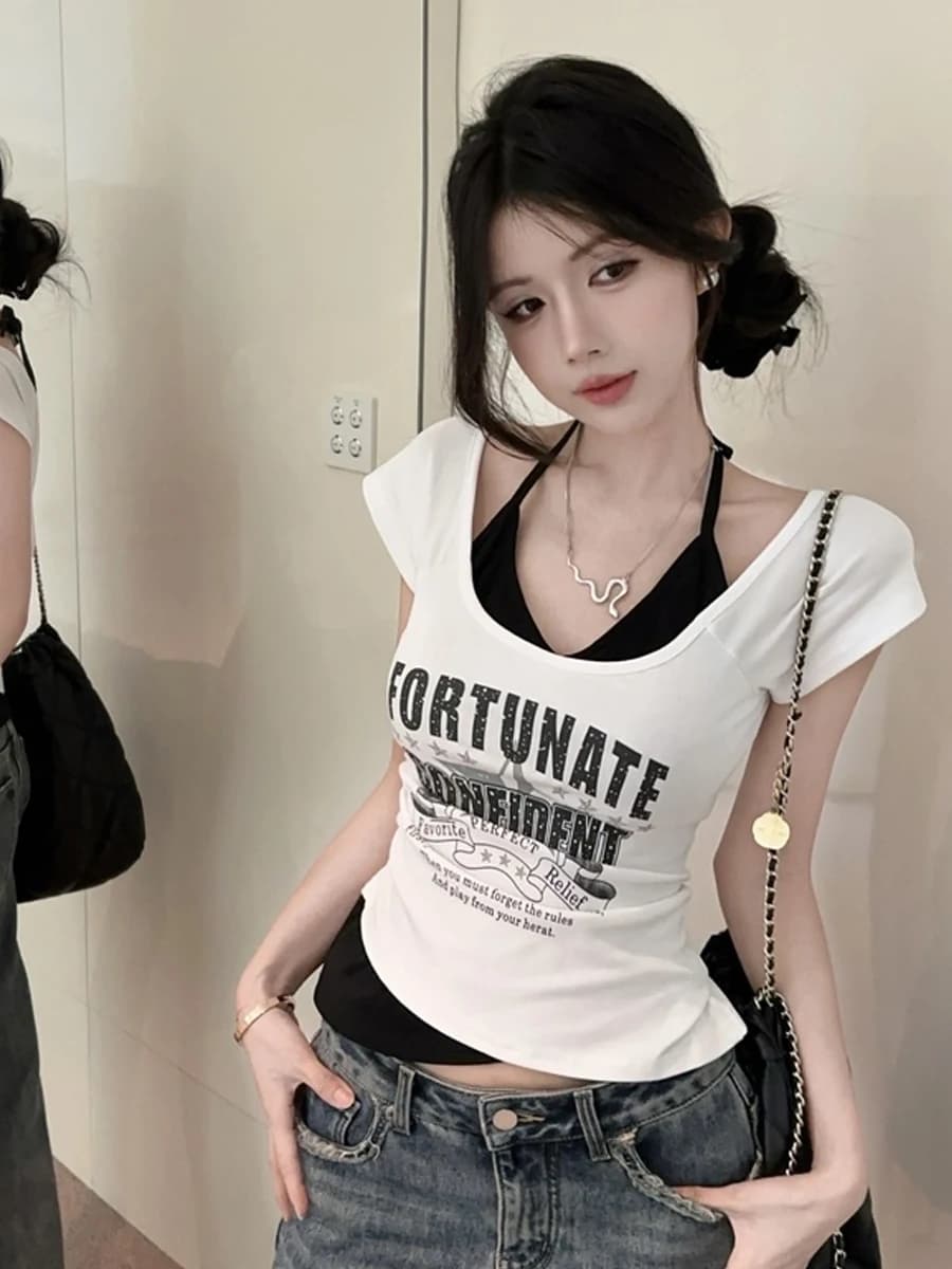 Sexy Short Sleeve T-Shirt Collarbone Hanging Color Block Base Layer Top Pure Cotton Slim Fit Summer Youth Fashion for Girls