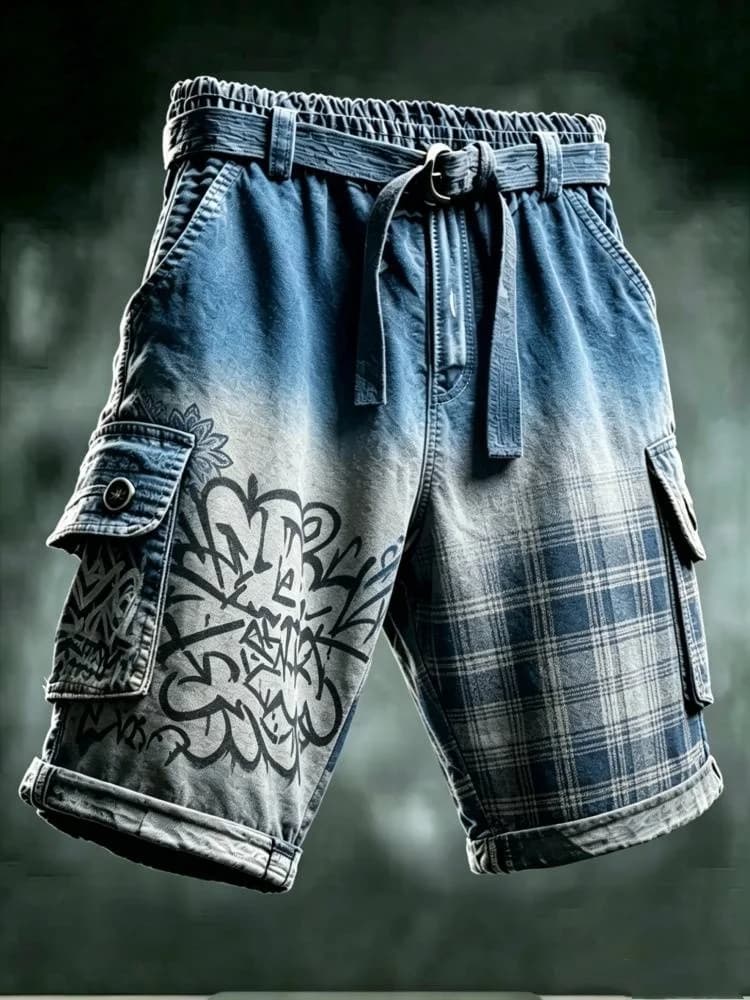 Mens Vintage Graffiti Print Plaid Cargo Shorts Loose Fit Streetwear Denim with Belt Patchwork
