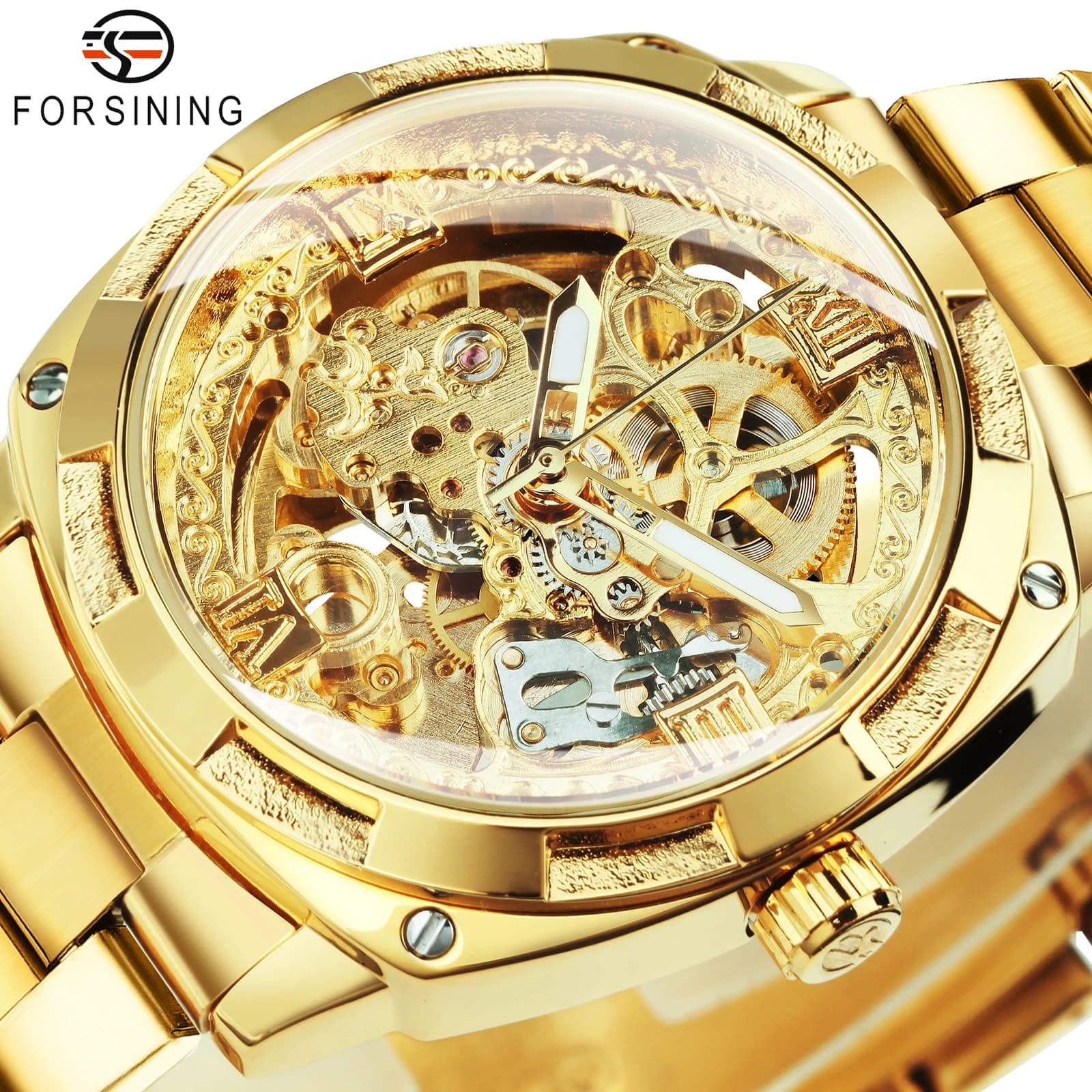 Men's Watches Forsining Gold, Luxury Brand, Automatic mechanical watch, Stainless Steel Strap, Fashion wrist watch
