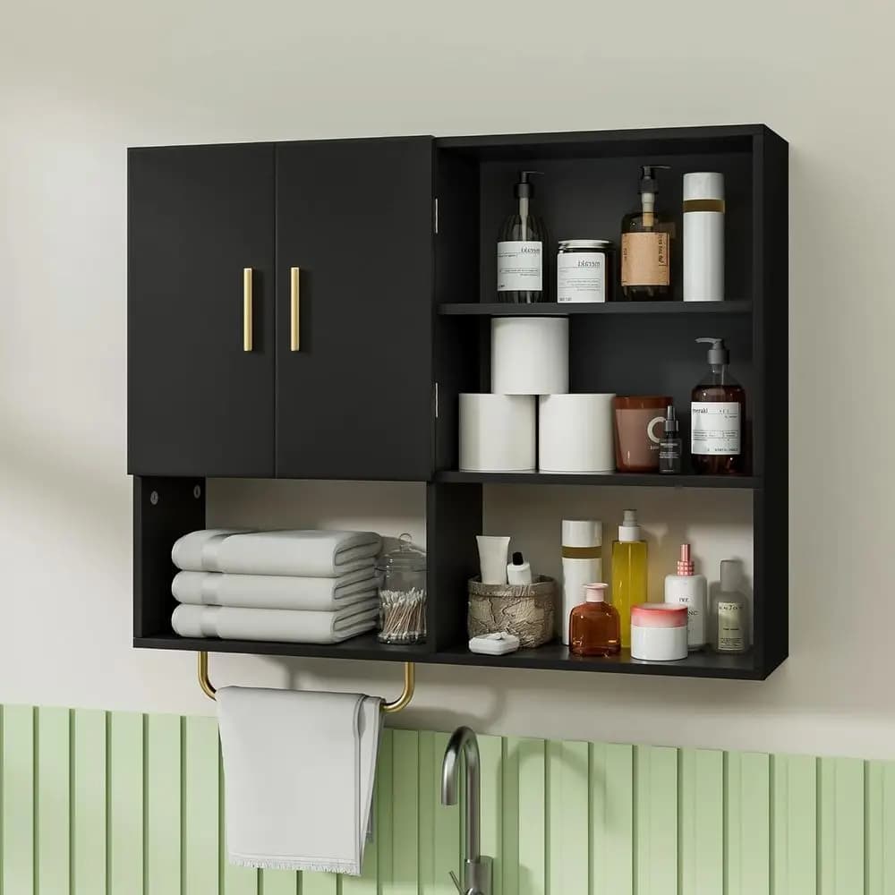Grande Armadietto Portamedicinali da Parete in Legno con 2 Ante e 4 Ripiani, Mobiletto Sopra il WC con Portasciugamani, Nero