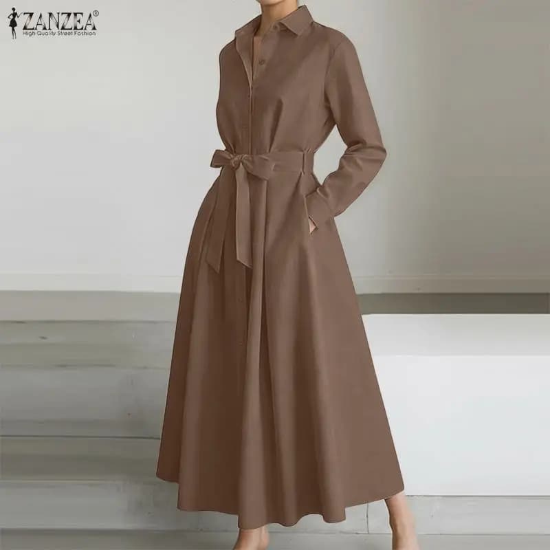 ZANZEA Abiti lunghi minimalisti a trapezio da donna, con colletto rovesciato, maniche lunghe, cintura e bottoni, vestito chemisier alla moda, tinta unita, Robe Femme