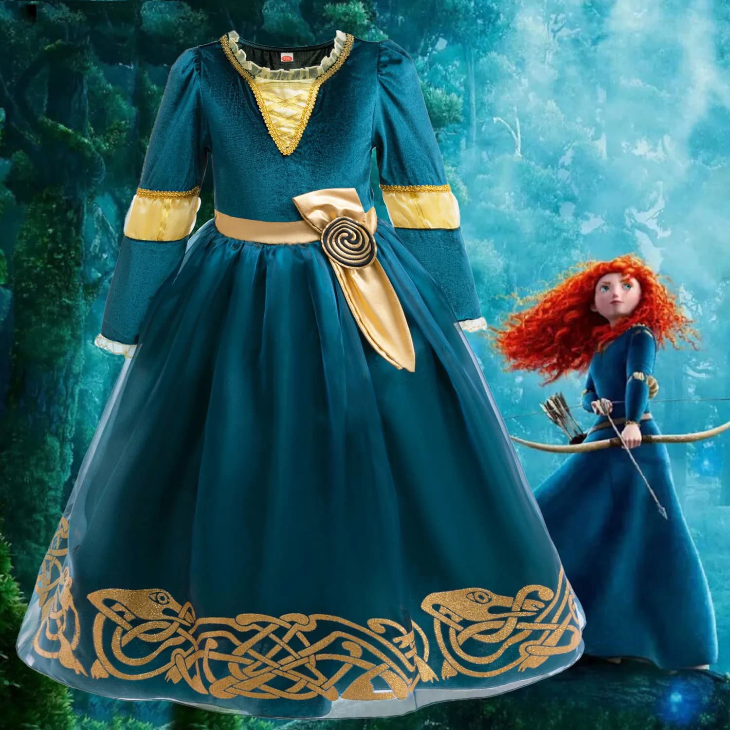 Costume da Principessa Merida per Halloween, Abito a Maniche Lunghe con Cintura, Set per Feste in Maschera e Carnevale