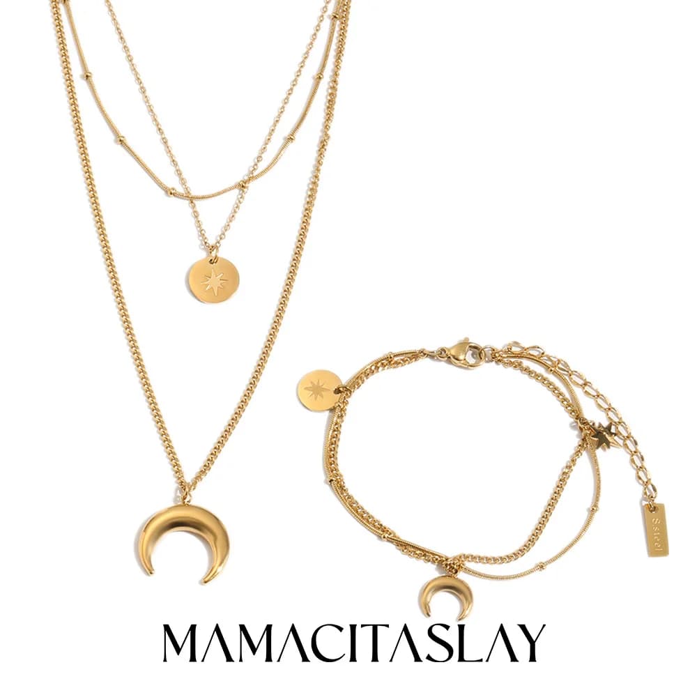 MamacitaSlay Set di Gioielli in Acciaio Inossidabile 316L con Collana e Bracciale a Strati Luna e Stella, Placcato Oro 18K, Impermeabile, per Donna